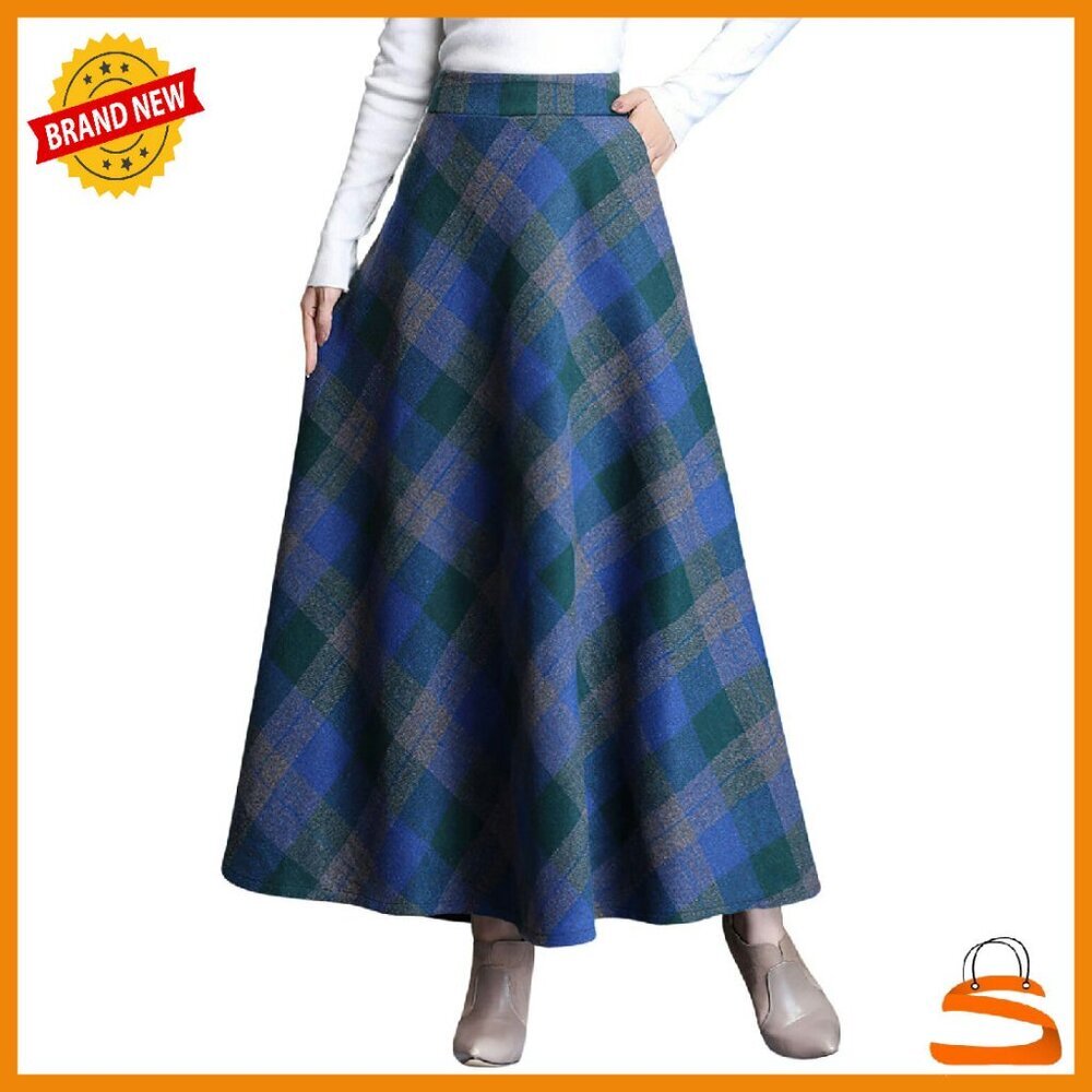 Wool Plaid Maxi Skirt High Waist A-Line Pleated with Pockets